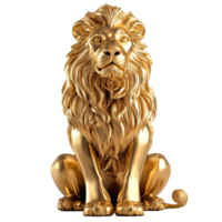 Golden sitting lion sculpture displayed on a pristine transparent background for artistic appreciation and design inspirations, Gold Sitting Lion 3d Sculpture isolated on transparent background png