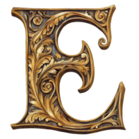 Intricate wooden consonant letter E decorated with ornate floral patterns on a transparent background showcasing artistry and craftsmanship, consonant letter e is used to make words on transparent backgroundfile png
