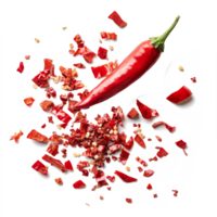 Crushed red chili pepper pieces scattered around a whole pepper on a transparent background, Red chili pepper crushed into pieces isolated on transparent background png
