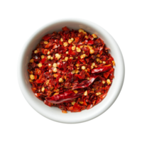 Crushed red chili pepper in a small transparent bowl set against a clean transparent background for culinary inspiration and spice selection, Crushed red chili pepper in transparent bowl on transparent background png