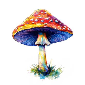 ljust färgad svamp stående på en lappa av gräs mot en knaprig transparent bakgrund, visa upp dess vibrerande detaljer och unik form, färgrik svamp på en transparent bakgrund png