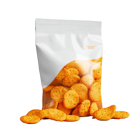 Snack packaging isolated on a plain background showcasing crispy treats with visible texture and flavoring, Packaging for snack isolated png