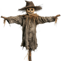 Scary scarecrow standing alone on a transparent background with a menacing grin and tattered clothing, Scary Scarecrow Isolated on transparent background png