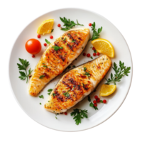 Gourmet grilled fish fillet served with fresh herbs, lemon, and cherry tomatoes on a transparent plate, Plate of gourmet grilled fish fillet on transparent background png