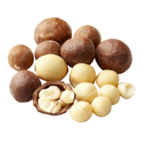 Discover the rich variety of macadamia nuts resting against a clean transparent background, Macadamia nuts on transparent background png