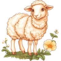 A cute clip art sheep stands proudly near a blooming flower on a clean transparent background, perfect for pastoral-themed designs and projects, clip art sheep and flower isolated on transparent background png