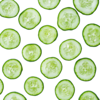 Fresh cucumber slices arranged on a transparent background showcasing their vibrant green color and refreshing texture, Cucumber slices on transparent background png