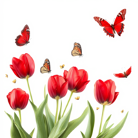 Bright red tulips bloom alongside vibrant butterflies against a clean transparent background in springtime freshness, red tulips and butterflies isolated on transparent background png
