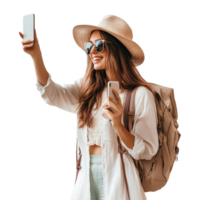 Traveler woman joyfully taking a selfie against a clear backdrop while holding a smartphone and wearing sunglasses, PNG file no background Traveler woman taking selfies with her phone