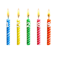 Colorful birthday candles representing numbers from one to nine with vibrant flames, 123 numbers, digits candles. From zero, one to eight and nine isolated on transparent png