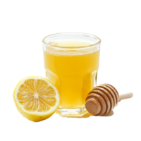Refreshing honey lemon juice in a clear glass beside a sliced lemon on a transparent background, Honey lemon juice in a glass on a transparent background png