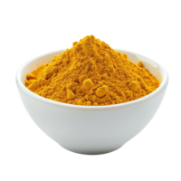 Turmeric powder in a transparent bowl on a clean transparent background ready for culinary and health uses, Turmeric powder in transparent bowl isolated on transparent background png