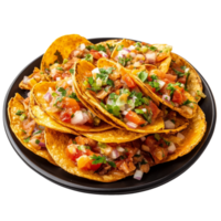 A delicious assortment of colorful tostadas piled on a black plate with fresh toppings served on a crisp transparent background, Tostadas on black plate isolated on transparent background png