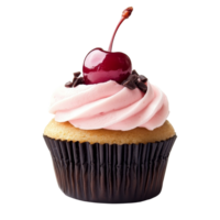 Delicious cupcake topped with pink cream and a cherry, perfect for dessert lovers at any celebration or gathering, cupcake with cherry and pink cream isolated on transparent background png