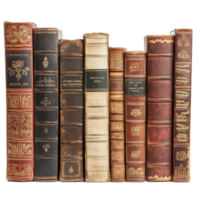 A collection of vintage books in various bindings displayed on a transparent background showcasing their unique designs, Vintage Book s in Various Bindings on transparent background png