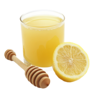 Refreshing honey lemon juice served in a glass alongside a lemon half and a honey dipper on a transparent background, Honey lemon juice in a glass on a transparent background png