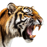 Angry tiger roaring powerfully in profile view against a plain transparent background, Angry Tiger Profile View on transparent background png