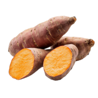Fresh yams cut open, revealing vibrant orange flesh, displayed on a clean transparent background, yams on transparent background png