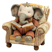 A cozy elephant enjoys reading in a comfortable armchair during a quiet afternoon, A laidback elephant reading a book in a cozy armchair on transparent background png