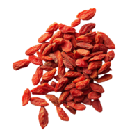 Dried goji berries arranged on a clean transparent background showcasing their vibrant red color, dried goji berries on transparent background png