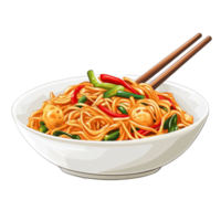 Delicious chow mein noodles with vegetables served in a bowl on a transparent background, Chow mein japanese food Isolated transparent background png