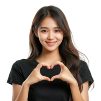 Young Asian woman making heart shape with hands against a bright transparent background while smiling, Young Asian woman shows mini heart fingers on , transparent background, isolated on transparent background format. png