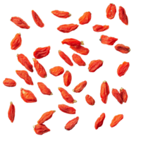 Dried goji berries scattered on a transparent background revealing their vibrant color and unique shape, dried goji berries on transparent background png