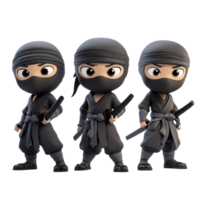 Three cartoon ninjas stand confidently against a transparent background showcasing their skills, 3D Cartoon Ninja Characters on transparent background png