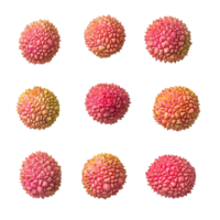 Top view of fresh lychee fruits arranged in a grid on a clean transparent background, Top view of lychee isolated on transparent background png
