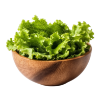 Fresh green lettuce leaves in a wooden bowl arranged on a transparent background for a healthy meal option, lettuce leaf in wood bowl isolated on transparent background png