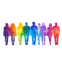 Colorful line of diverse individuals standing together against a transparent backdrop symbolizing unity and inclusivity, Colorful Diversity Line of People on transparent background png