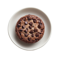Freshly baked chocolate chip cookie presented on a simple transparent plate against a clean transparent background, Chocolate chip cookie in a plate isolated on transparent background png