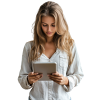 Attractive girl focused on using a tablet in a minimalist indoor setting during the day, attractive girl using tablet, file of isolated object with shadow on transparent background png