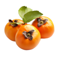 Ripe persimmons with green leaves displayed on a clean, transparent background for fresh fruit visual appeal, ripe persimmons on transparent background png