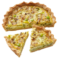 Delicious leek quiche slices served on a clean transparent background, perfect for a light meal or snack anytime, Leek Quiche Slices on transparent background png