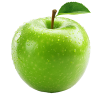 A fresh green apple with water droplets sitting on a transparent background, showcasing its vibrant color and natural texture, Green apple on a transparent background png
