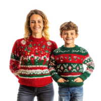 Mother and son pose together in matching Christmas sweaters against a bright transparent background, Mother and Son in Christmas Sweaters On transparent background png