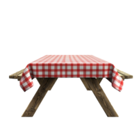 A picnic table with a red checkered tablecloth ready for outdoor dining and gatherings on a sunny day, Picnic Table with Red Checkered Tablecloth on transparent background png