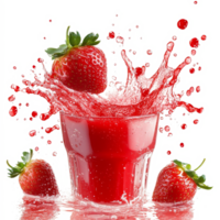 Fresh strawberry juice splashing with ripe strawberries isolated on a transparent background, Strawberry juice splashing with its fruits isolated png