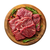 Fresh raw beef cuts arranged beautifully on a wooden plate with herbs in a bright, minimalistic setting, fresh raw beef meat on wooden plate isolated on transparent background png
