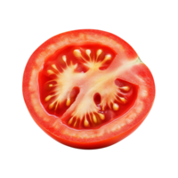 Freshly sliced tomato showcasing vibrant red color and juicy interior on a plain transparent backdrop for culinary use, Tomato vegetable slice isolated on transparent background png
