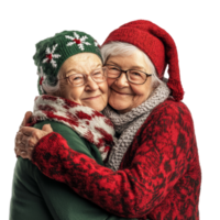 Two elderly women embracing joyfully in festive attire against a transparent background during Christmas, Elderly Women christmas Hugging On transparent background png