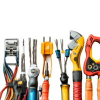 A collection of electrician tools neatly arranged for home improvement and electrical maintenance projects, Group of electrician tools isolated png