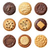A delightful assortment of nine cookies viewed from above on a transparent background for an enticing treat, single cookie top view isolated on transparent background png