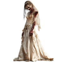 Terrifying zombie bride standing alone against a transparent background in a haunting bridal gown, Scary zombie bride isolated on transparent background png