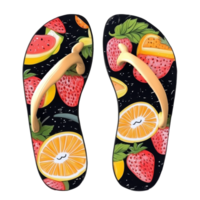 Fruity patterned beach sandals in transparent design ideal for summer outings and beach activities, A pair of women beach sandals with fruity pattern,isolated transparent background png