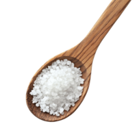 A wooden spoon filled with salt displayed on a clean transparent background for cooking and seasoning ideas, Salt in woodn spoon isolated on transparent background png