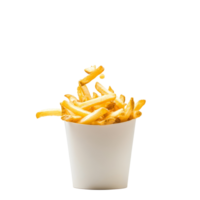 Crispy French fries exploding from a paper bucket against a clean, transparent background, French fries flying out of paper bucket isolated on a transparent background png