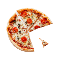 Delicious pizza with tomato and olives cut into slices on a transparent background, perfect for a casual meal or gathering, pizza on transparent background png