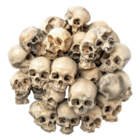 A detailed view of a large pile of human skulls isolated on a transparent background for artistic or educational purposes, pile of skull isolated on transparent background png